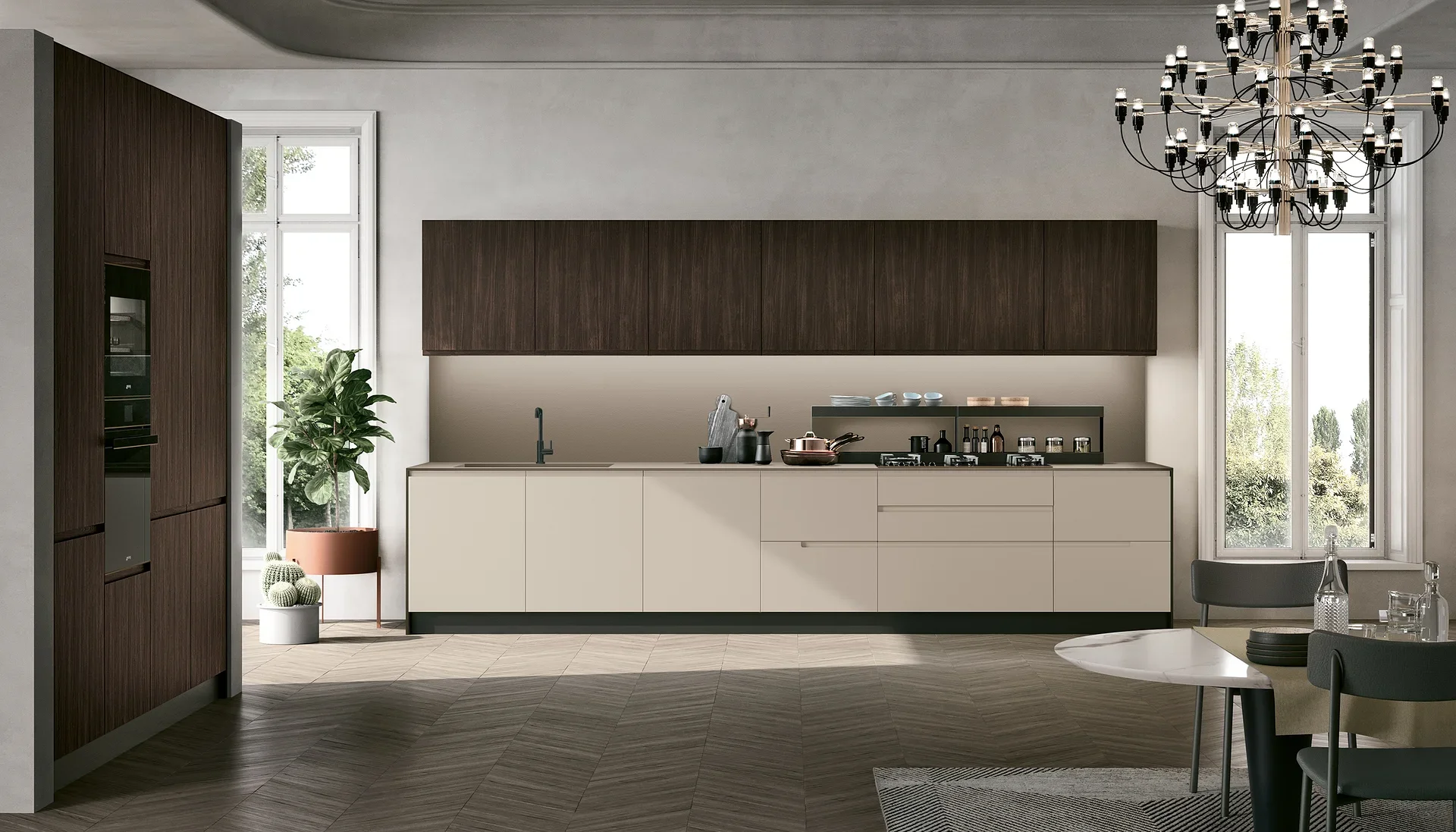 Köksö med marmorbänkskiva under renovering i ljus lägenhet.