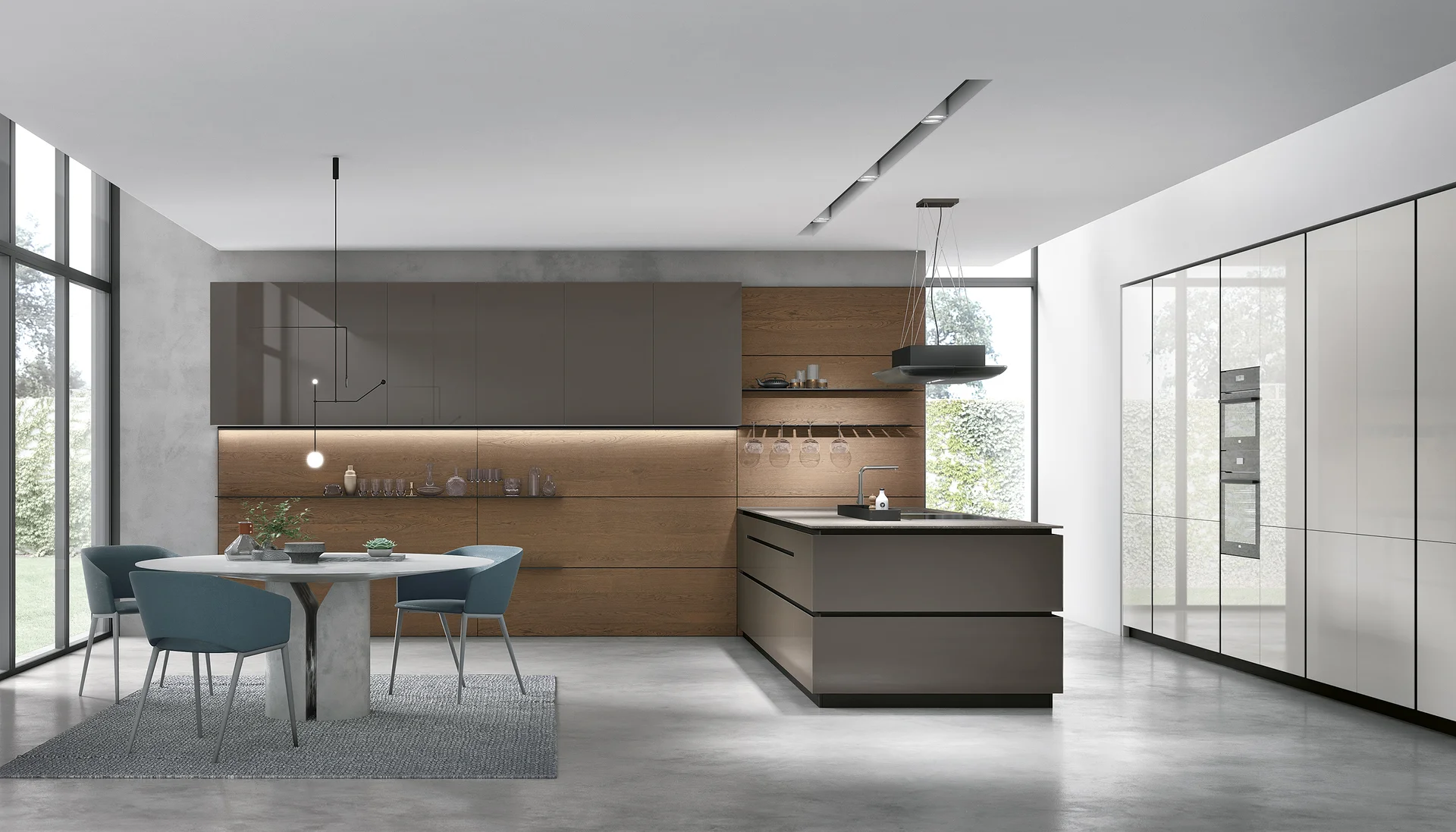 Minimalistiskt modernt kök med träbänkskiva, tidning och kaffemugg.