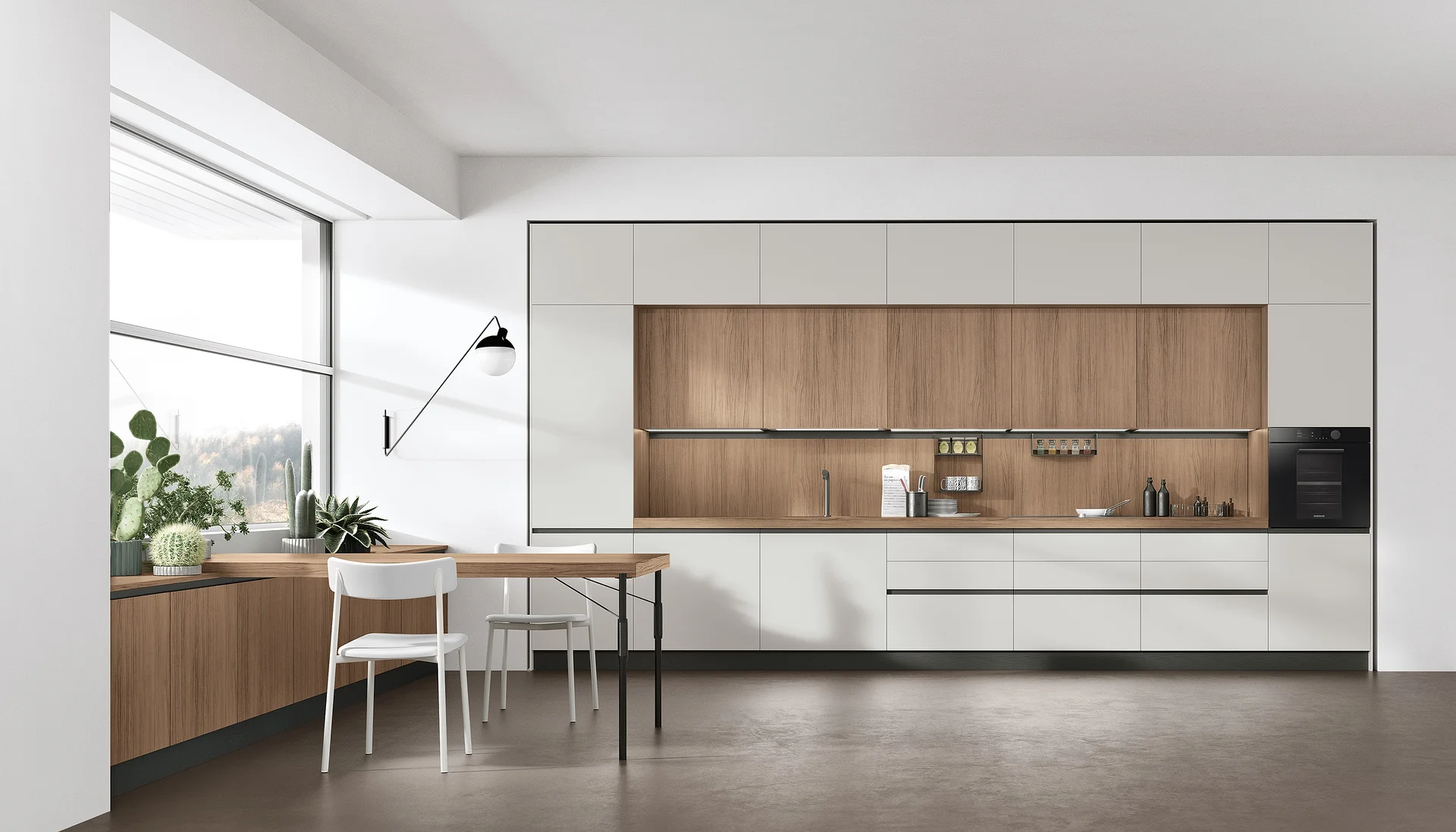 Arkitektbord med materialprover, ritningar, måttband och köksblandare.