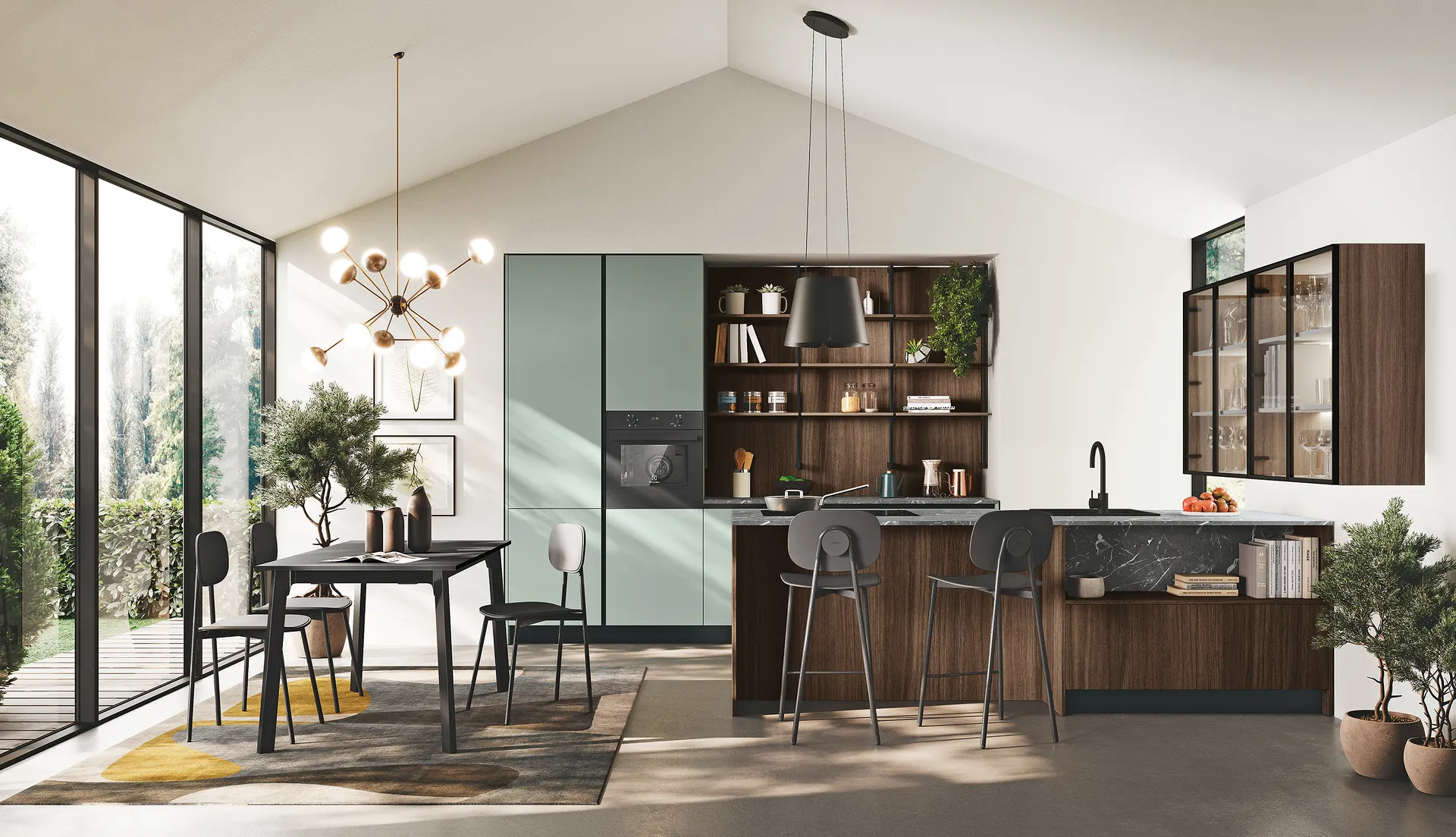 Köksrenovering med marmorskiva, byggmaterial och verktyg på betonggolv.